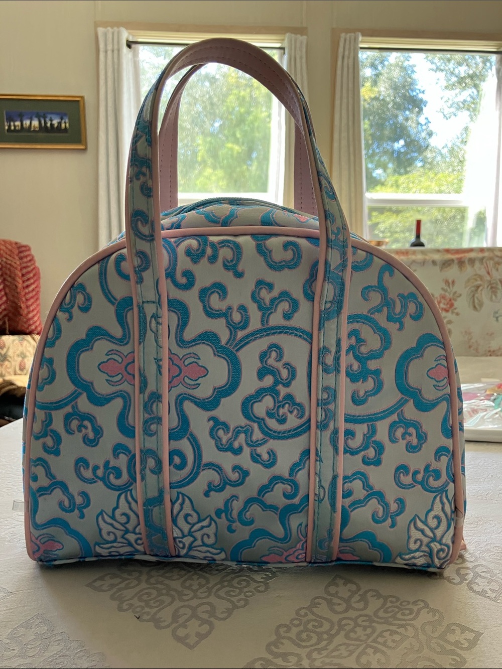 Blue & Pink Floral Scroll Cosmetic Dome Bag